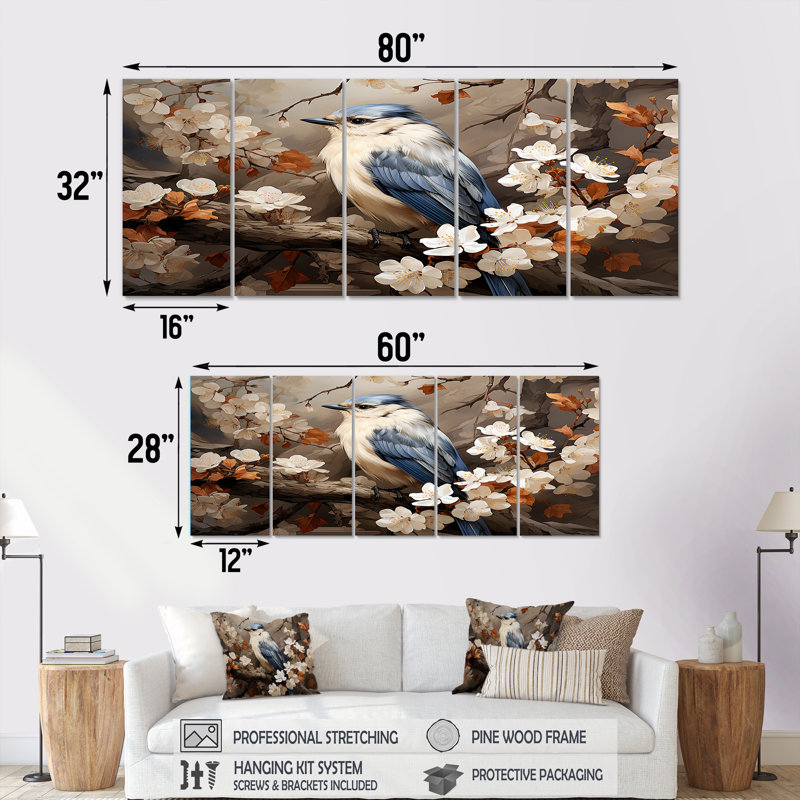 «Blue Floral Ethereal Bird - Bird», ensemble de 5 pièces d'art mural, H 28 po x l 60 po