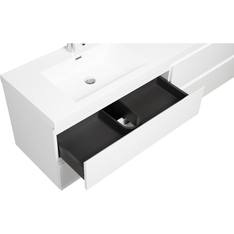 Meuble-lavabo flottant 72 po avec lavabos en résine, armoire moderne, 4 tiroirs à fermeture en douceur, lavabos à finition blanc brillant, unité de rangement