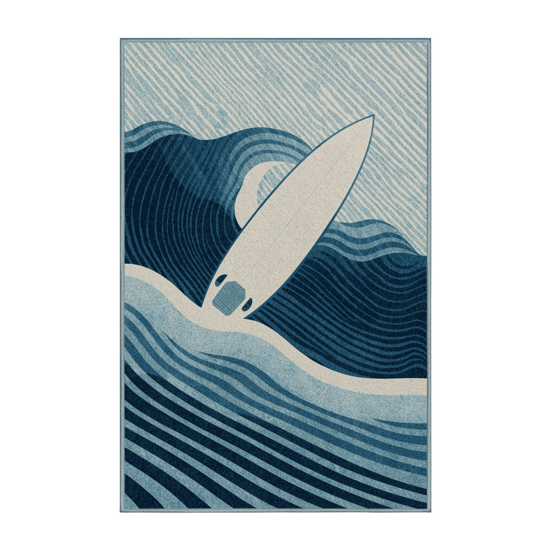 Machine Washable Yonkers Surfboard Wave Ride Beachy Striped Rug in Green – SkyBlue Binding, 6x9