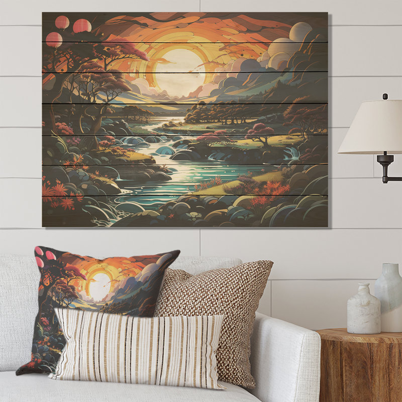 «Yellow Enchanted Meadows Fantasy I» - Paysage abstrait sur bois, H 24 po x l 32 po