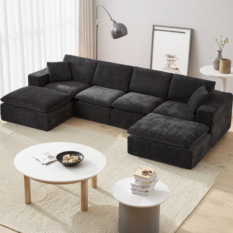 Canapé modulaire en U modulaire avec 2 repose-pieds, ensemble de canapés en chenille moderne, canapé à assise profonde librement combinable pour le mobilier de salon, d'appartement et de bureau