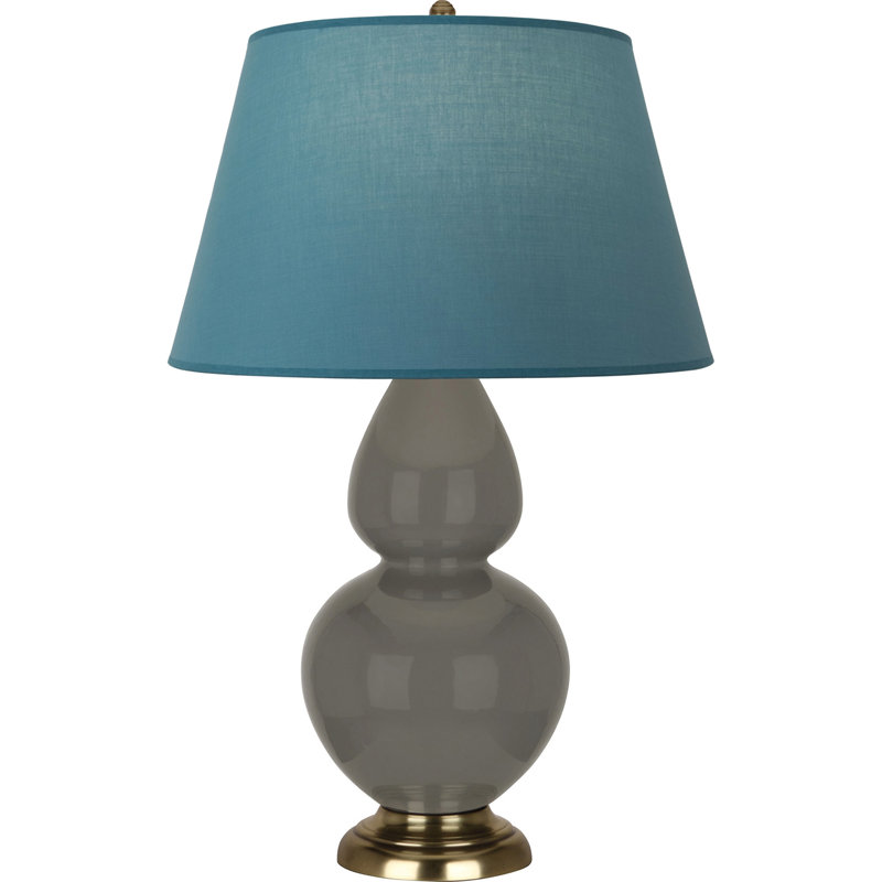 Lampe de table double gourde en céramique, Bleu vif / gris, Bois de frêne verni / laiton, Laiton