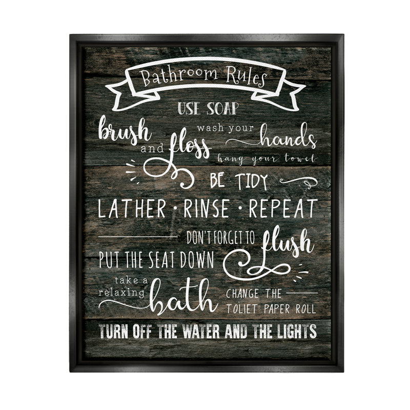 Art rustique sur toile, "Rustic Bathroom Rules Sign" par CAD, Cadre flottant noir de jais, H 21 po x l 17 po x P 1,7 po