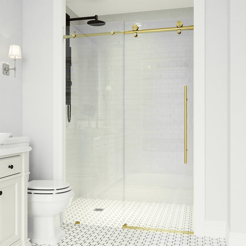 Porte de douche coulissante sans cadre avec verre transparent 3/8 po l 48-52 po x H 76 po Elan, Or brossé mat