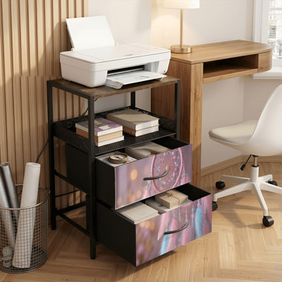 Table de chevet 2 tiroirs avec station de charge, table de chevet pour chambre à coucher avec ports USB, tablette ouverte noire, table de chevet avec imprimé de plumes perroquet rose pastel Dreamcatcher