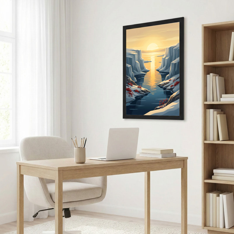Toile noire encadrée en bois noir pour salon, chambre à coucher, bureau ou vestibule - décoration murale décorative avec coucher de soleil Canyon
