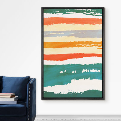Signe, reproduction d'art sur toile encadrée, vert, orange et gris, peinture, rayures, formes abstraites, illustrations, art moderne, bohème, coloré, ultra pour le salon, la chambre à coucher, le bureau - 24 po x 36 po - noir
