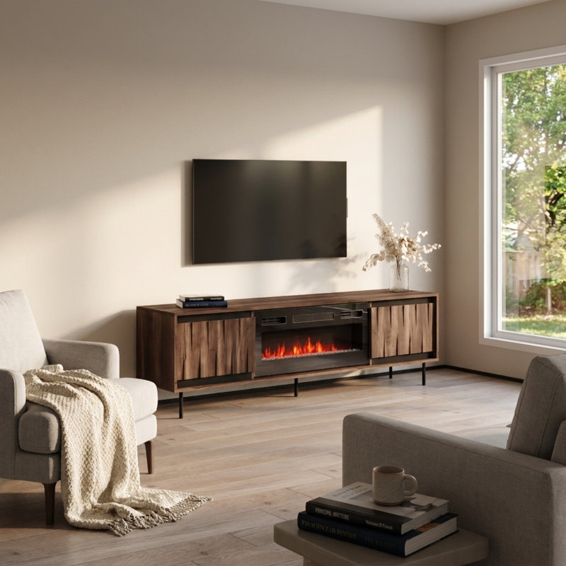 Swing 71" Modern TV Stand with Electric Fireplace, Matte Finish, Media Storage, Black