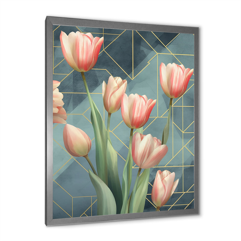 Tulipe géométrique - impressions murales florales, H 40 po x l 30 po x P 1,5 po, Cadre photo argenté