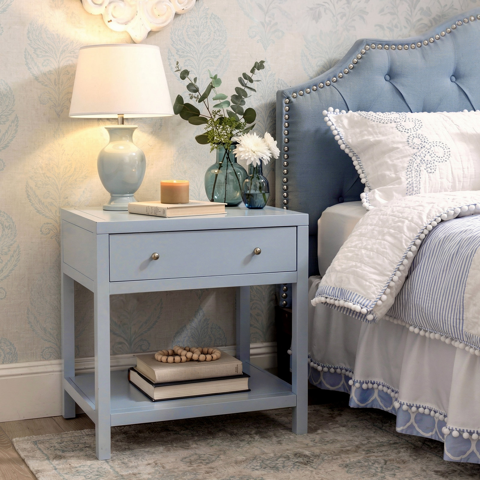 Celine 30" 1-Drawer Acacia Nightstand, Light Blue