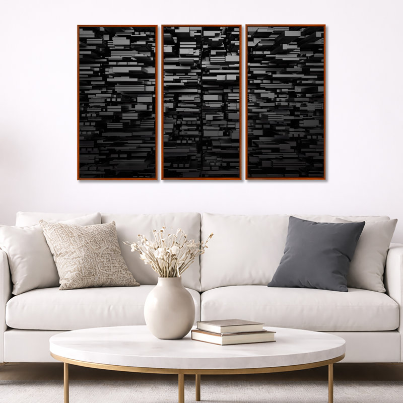 Fond géométrique noir / gris - ensemble de 3 toiles abstraites encadrées, H 28 po x l 36 po, Brun