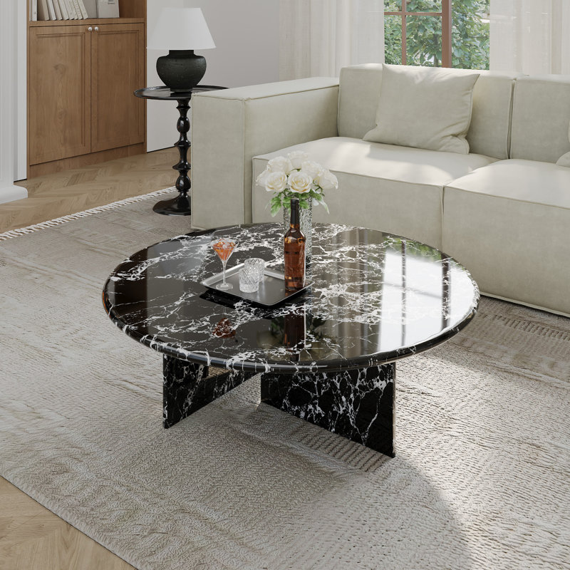 35.43"Modern Round Coffee Table,Glossy Faux Marble Table top, Black