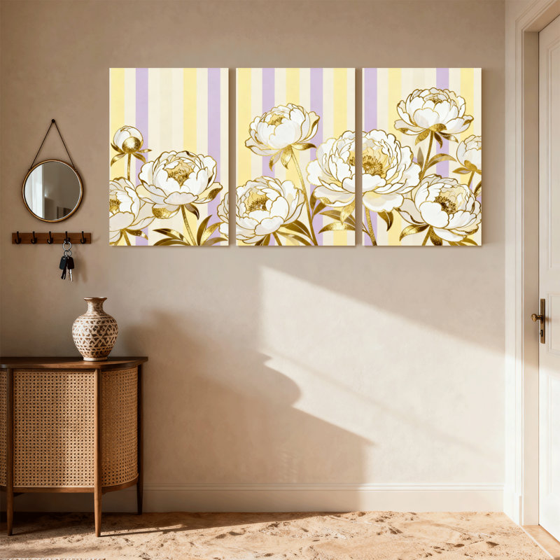 Plantes et fleurs, pivoines blanches dorées sur fond rayé, ensemble de 3 impressions sur toile, H 24 po x l 48 po