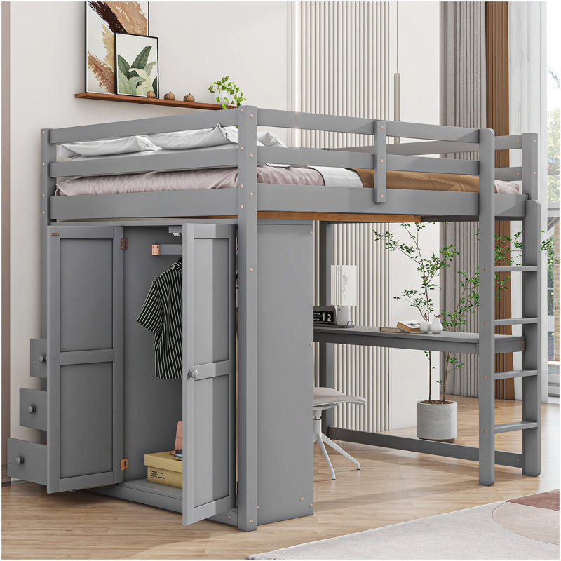 Lit mezzanine double avec garde-robe intégrée, bureau, tablettes et tiroirs de rangement, gris