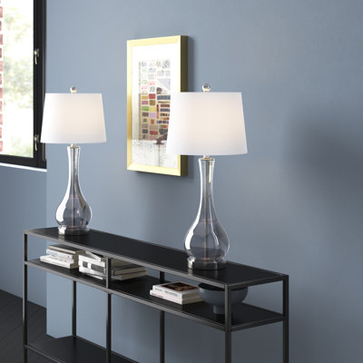 Ahnalise 27.5 in. Silver Modern Glass Metal For Bedroom/Living Room Bedside Desk Nightstand Funky Table Lamp With Linen Empire Shade