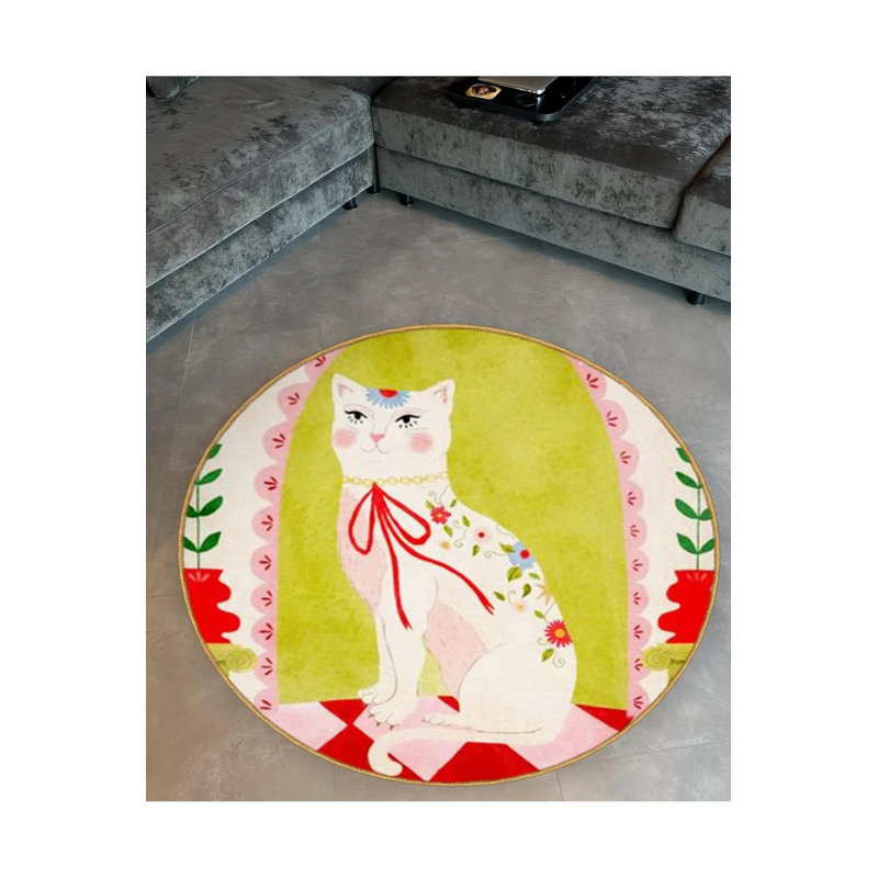 Green Cat And Flower Patterned Round Woven Base Modern Decorative Carpet, Round 4'