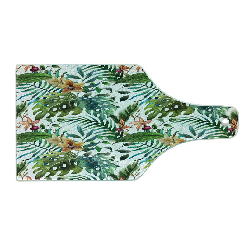 Planche à découper en verre trempé Ambesonne Palmier fleurs Hibiscus caramel pâle bourgogne