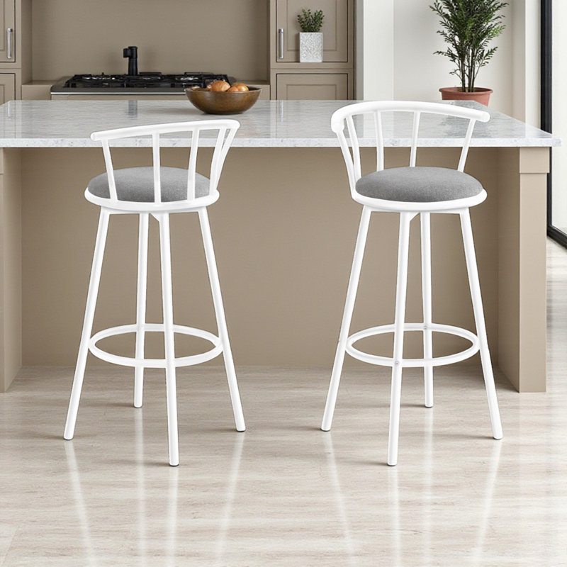 Rick 2-Piece Grey Fabric Upholstered Swivel Barstool White Metal Leg, 36.71"H x 21.85" W x 19.61" D