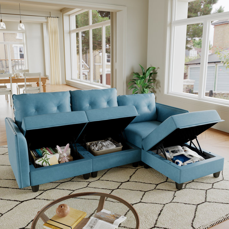 Tomario 86.21'' Faux Leather Curved Arm Modular Sofa & Chaise With Ottoman, Blue Faux Leather
