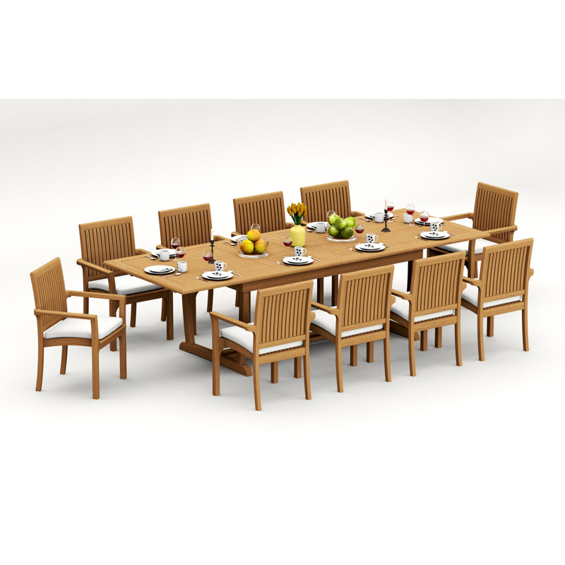 9 Pcs Grade-A Teak Wood Dining Set: 118" Double Extension Mas Rectangle Trestle Leg Table  Lua Stacking Arm Chairs #11LU2508