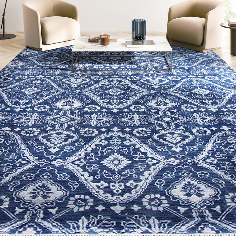 Ikat Area Rug in Blue/Dark Blue/White, Rectangle 9' x 12'