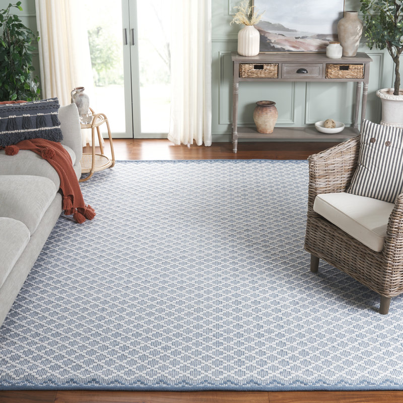 Tapis géométrique bleu / ivoire en laine et en coton tissé à la main Dejon, Rectangle 8 pi x 10 pi