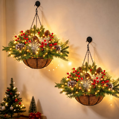 Artificial Christmas Hanging Basket with LED String Lights Pre-Lit Christmas Hanging Plant Basket Artificial Flowers Decor for Front Door Garden and Party