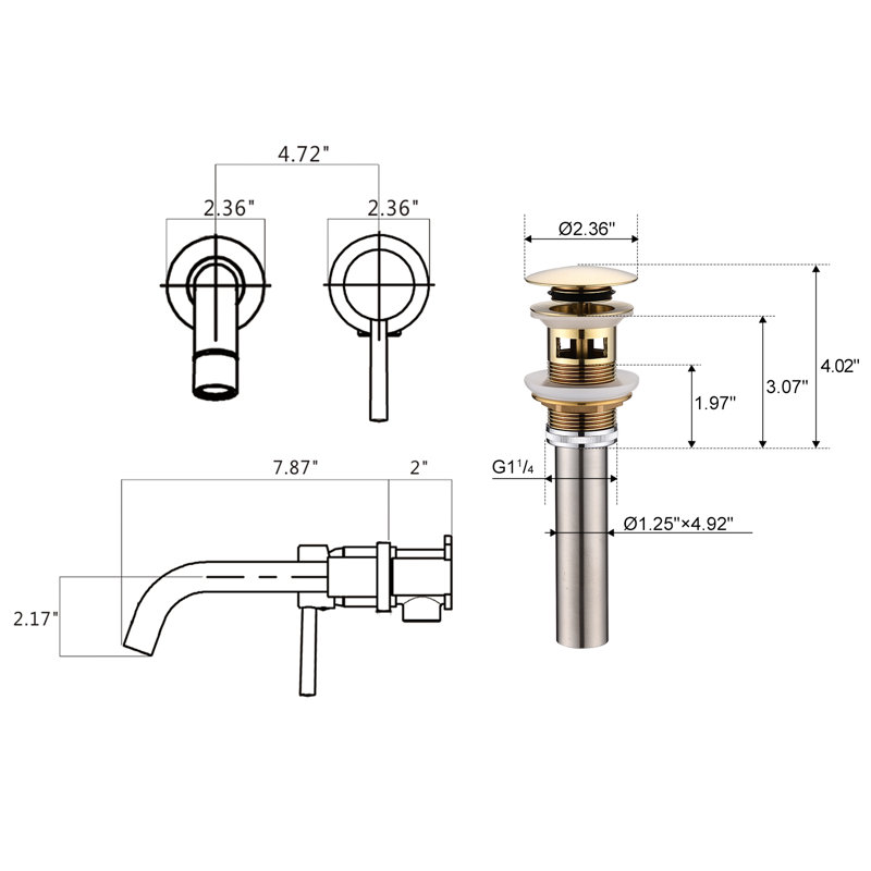 Wall Mounted Optional Single-handle Bathroom Faucet, Brushed Gold, With Drain Assembly