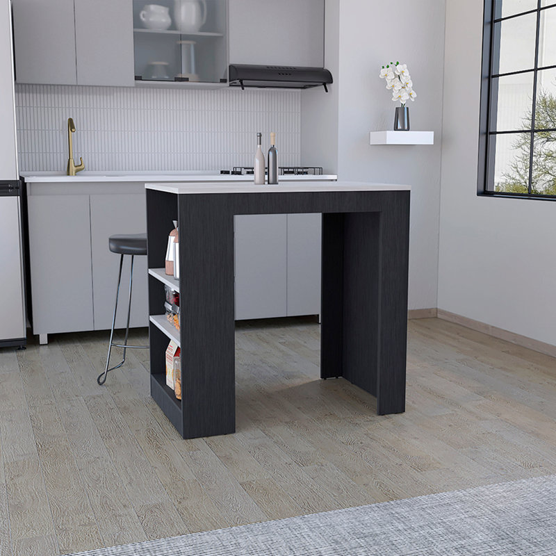 Îlot de cuisine avec 3 tablettes latérales, Noir / granit gris