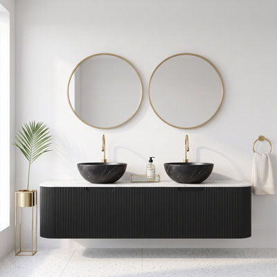 Meuble-lavabo mural en contreplaqué de 60 po avec lavabo en céramique noir mat en céramique, plateau en pierre frittée blanc de Carrare, armoire de rangement à bordures flottantes et courbes avec tiroir (pré-assemblé)