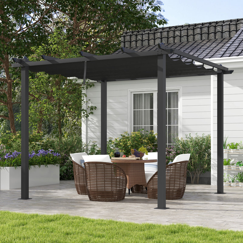 3 X 3m Aluminium Pergola With Retractable Canopy Roof, Rustproof Metal Frame, Pu-coated Fabric Shelter With Drainage Grommet Holes, For Garden Patio Outdoor, Dark Grey