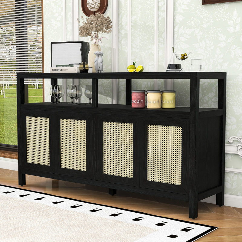 Buffet de style bohémien avec tablettes réglables à 3 positions, portes en rotin tissé à la main et tablettes ouvertes, conception sans poignée
