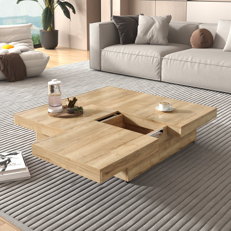 Table basse carrée en placage avec plateau coulissant et rangement