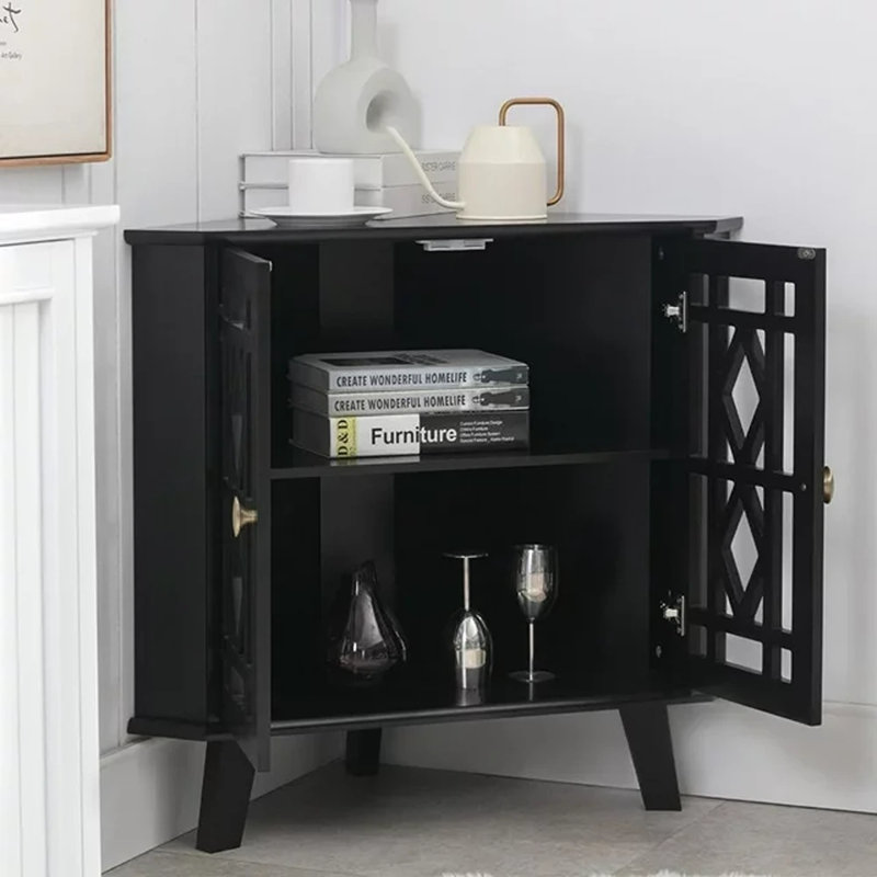 Ashkan 2-Door Corner Accent Cabinet, Black, 29.92" H x 32.3" W x 16.9" D