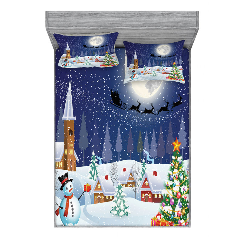 White and Blue Christmas Print Microfiber Queen Bedding Set