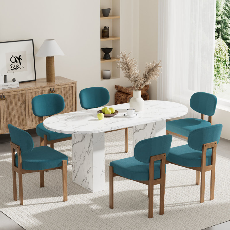 Oval Double Pedestal Kitchen Table Sets, 7 Pieces: Table, 6 Chairs, Teal