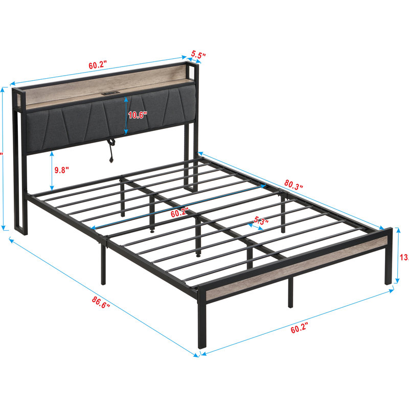 Grand lit plateforme en métal avec fonction de rangement - tête de lit tapissier, doublure, stable, processus d'assemblage simple, tête de lit sans sommier nécessaire et sous-plancher abondant, silencieux, facile à installer,
