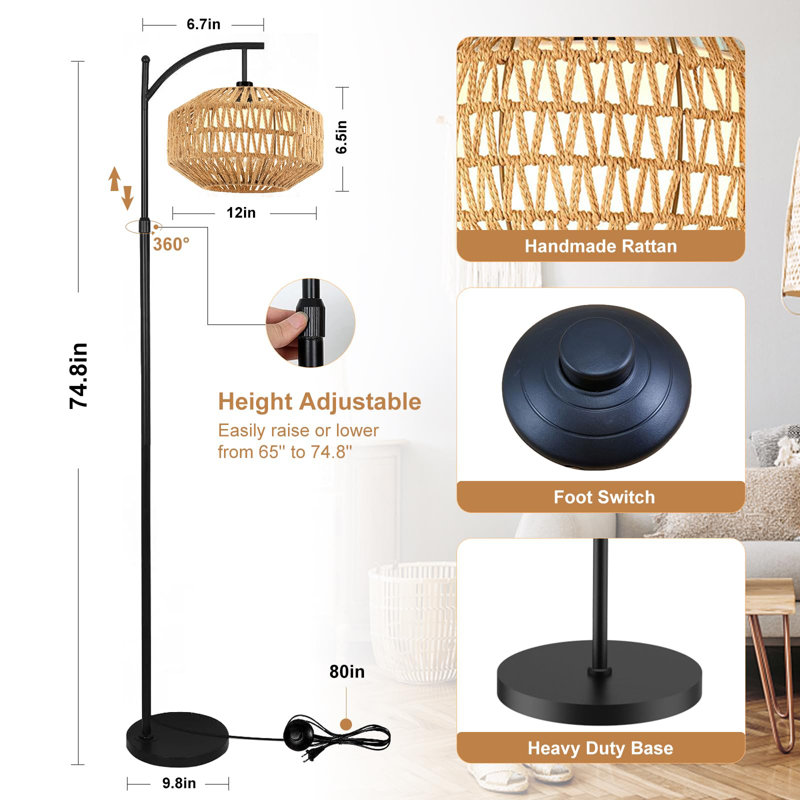 Boho 72'' Black Iron and Rattan Floor Lamp with Adjustable Height