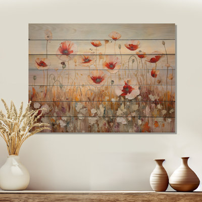 Red And Golden Poppies Field - Poppies Wood Wall Art On Natural Pine Wood