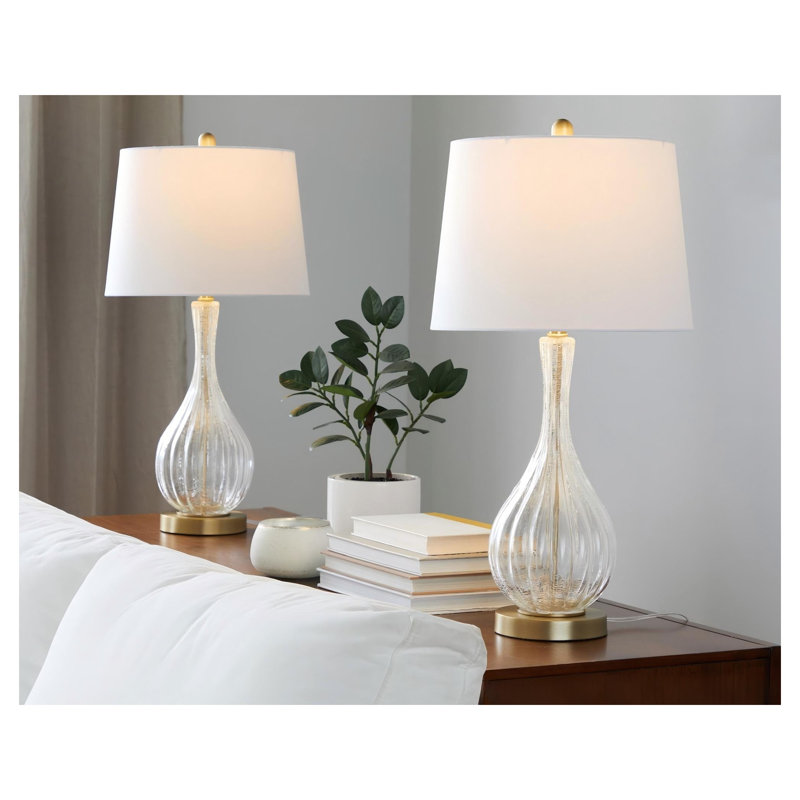 Lampe de table contemporaine Jenny 27 po en verre avec abat-jour en lin blanc et fini doré - Ensemble de 2