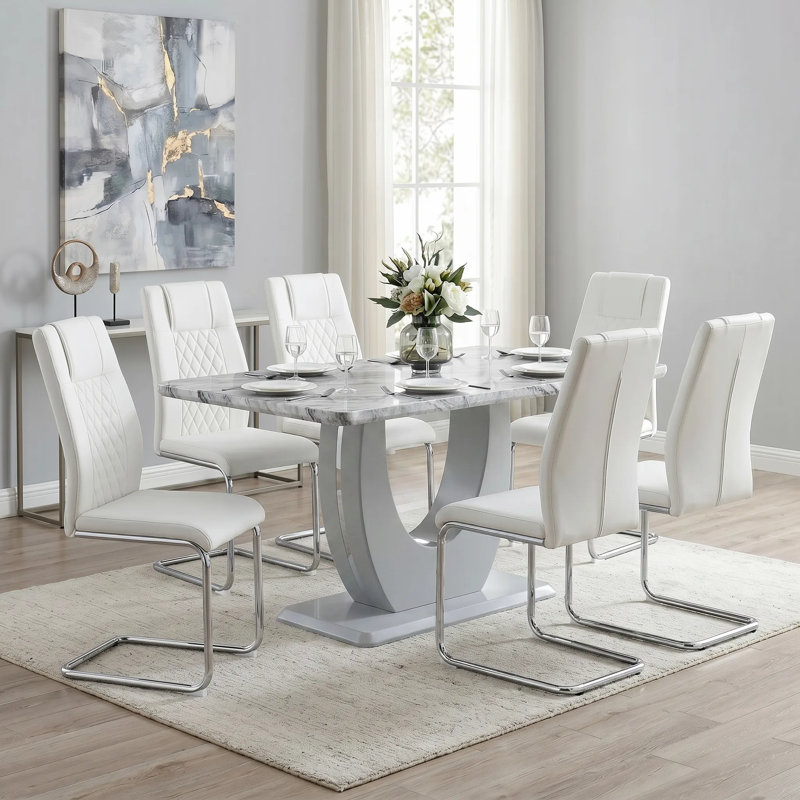 Ensemble de salle à manger Holloman, 7 pièces : table, 6 chaises, Blanc