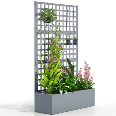 Galvanized Planter Box with Trellis, 43"x16"x70" Grey Wood Effect