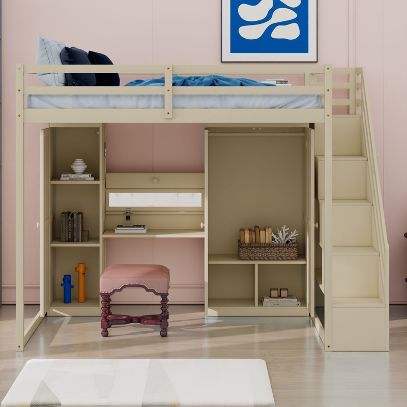 Loft Bed  With Storage Staircase, Dressing Table, Wardrobe, USB Charging Ports, Beige