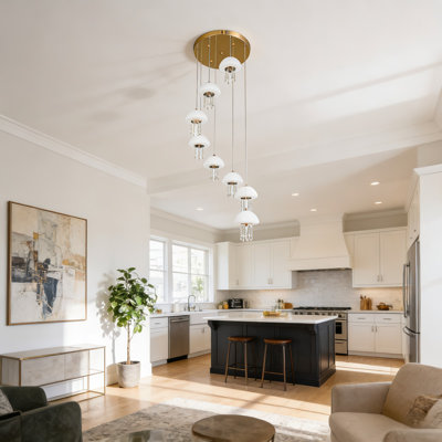 Lustre moderne à 8 lumières avec abat-jour méduse, accents de cristal, DEL intégrée 3 couleurs