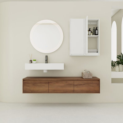 Rangement pour salle de bain 60 po avec lavabo en résine, 3 tiroirs à fermeture en douceur, 2 armoires latérales, lavabo mural en ébène brun, compartiments à fermeture en douceur,