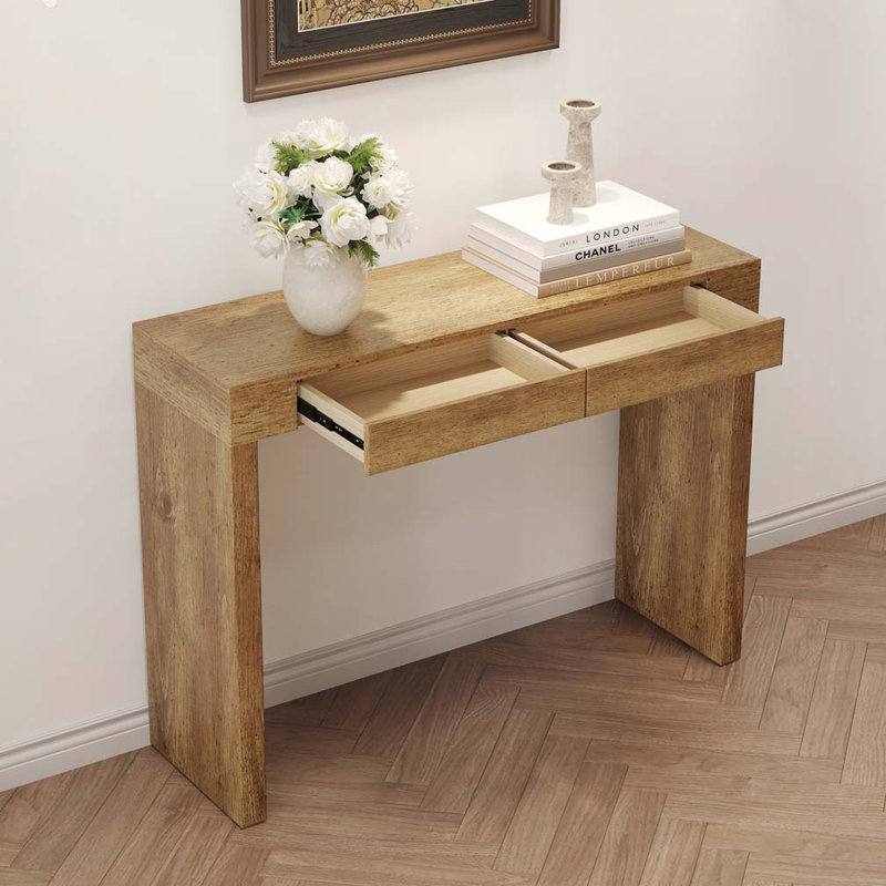 50" Wood Console Table with 2 Drawer, Natural Wood