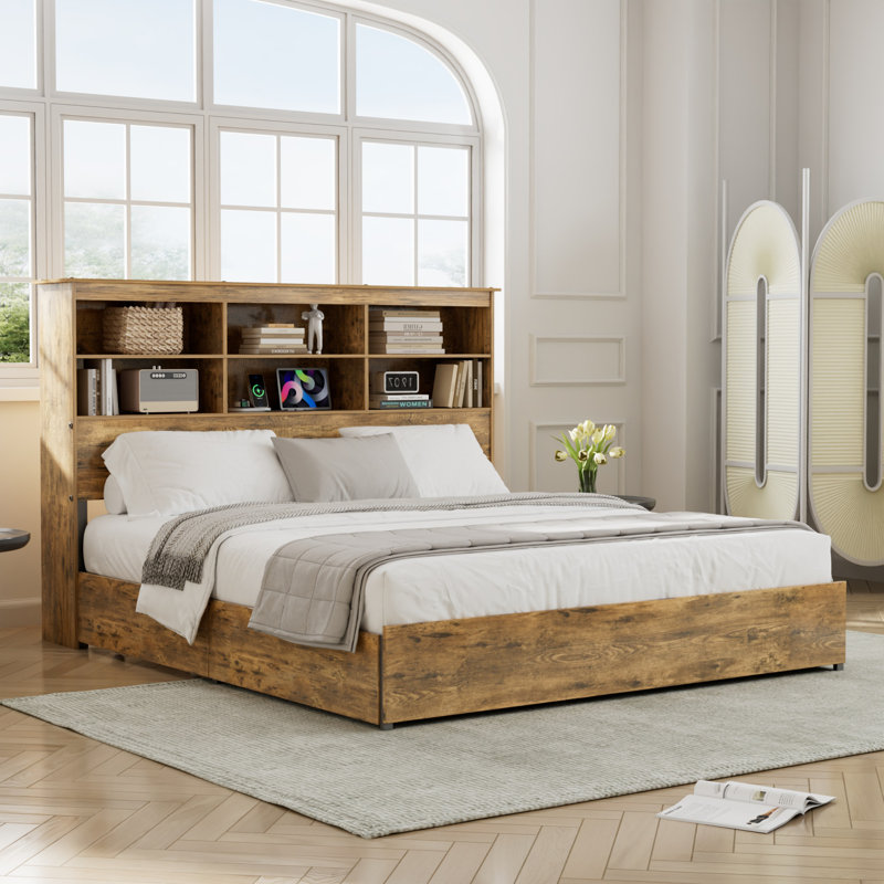 Double Bed Frame With Tall Storage Bookcase Headboard, 4 Large Storage Drawers And Charging Station, Metal Slats Support
