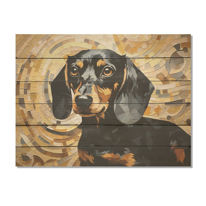 Drôle de portrait de Daschund I - chien, art mural sur bois de pin naturel, H 24 po x l 32 po