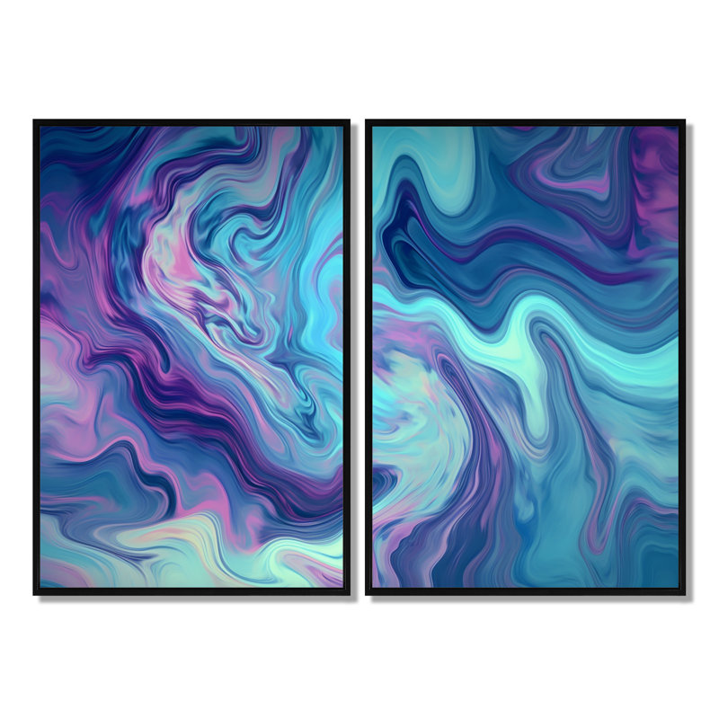 Turquoise mauve marbré fusion I - impressions sur toile abstraites, Impression encadrée flottante sans passe-partout, Noir