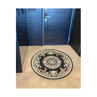 Black Theme Flower And Chicken Patterned Round Woven Base Vintage Decorative Carpet